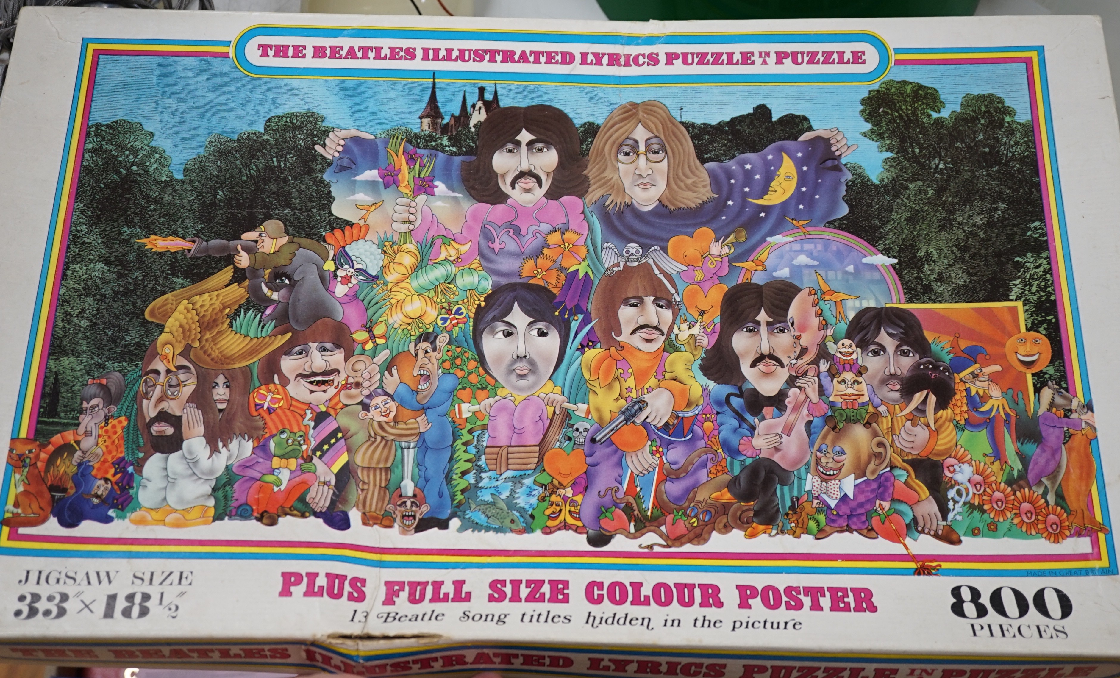 The Beatles Illustrated Lyrics Puzzle in a Puzzle (jigsaw), with colour poster and original box, the puzzle separately framed and glazed